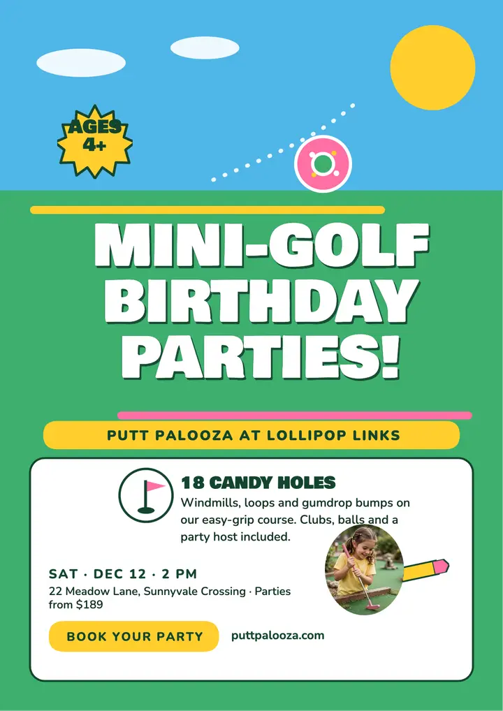 Putt Palooza mini-golf birthday flyer template