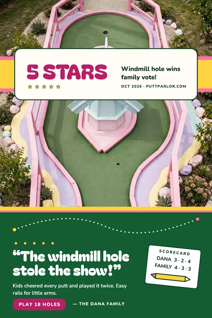 Putt Parlor guest review poster, windmill hole template