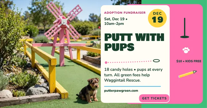 Putterpaw golf pups fundraiser post: adoption fundraiser post template