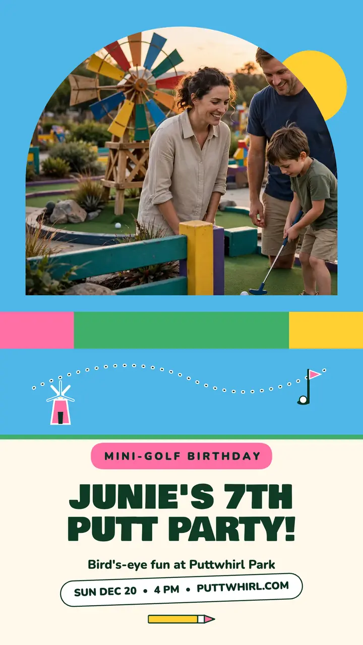 Puttwhirl Park mini golf birthday story template