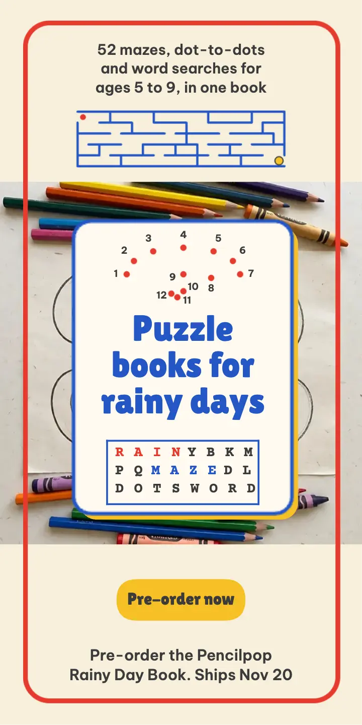 Pencilpop Rainy Day Book pre-order half page ad: puzzle book pre-order ad template