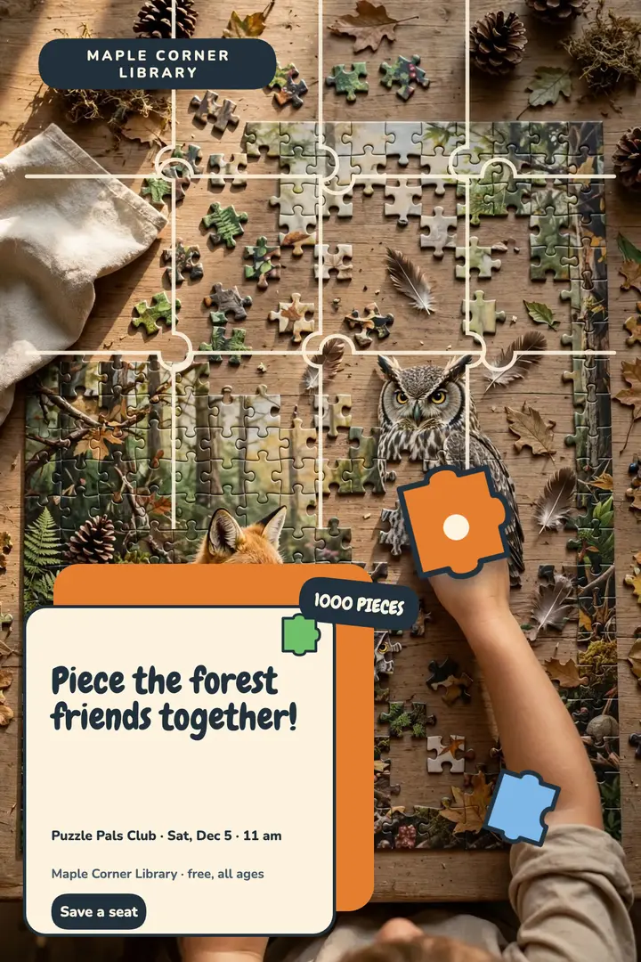 Puzzle Pals Club woodland puzzle poster: puzzle club poster template