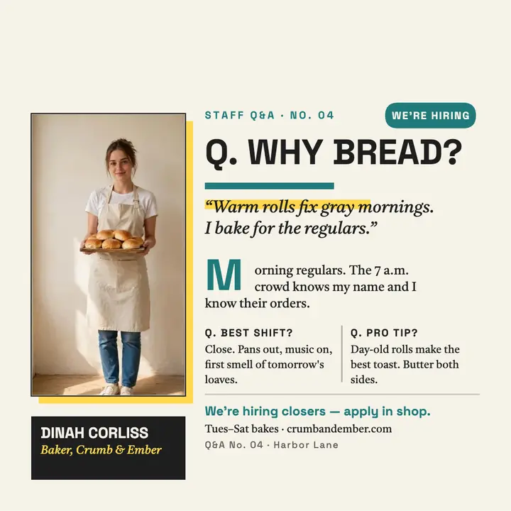 Baker Q&A hiring post, Crumb and Ember template