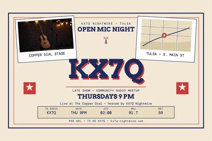 KX7Q Nightwire open mic QSL postcard template