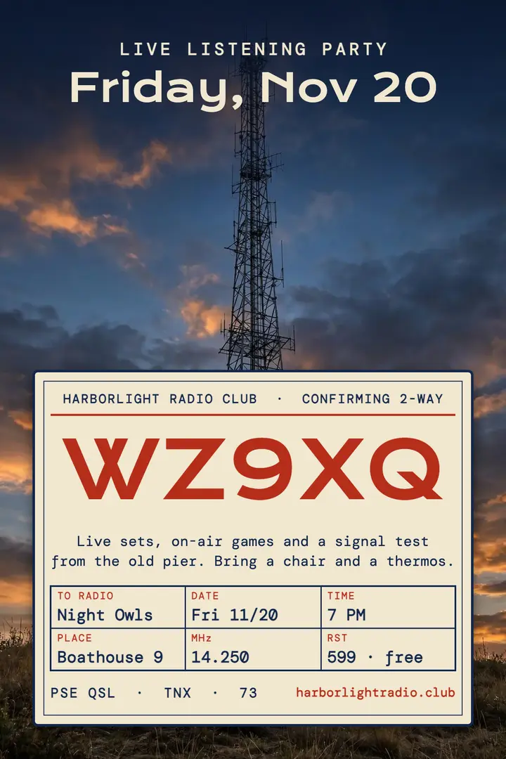 Harborlight radio listening party poster, QSL card template