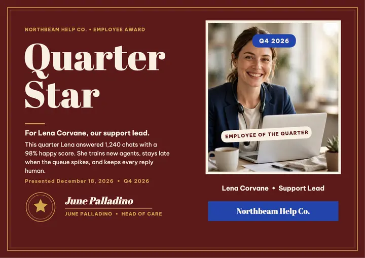 Quarter star support lead certificate: employee of the quarter certificate template