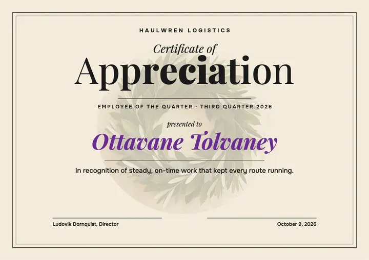 Haulwren Logistics quarterly appreciation certificate, variable serif stretch: certificate of appreciation template