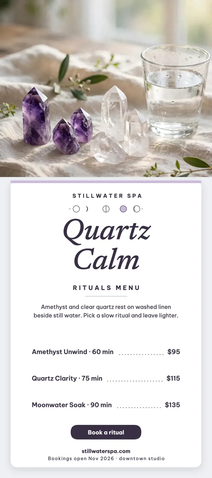 Stillwater Spa quartz calm rituals menu template