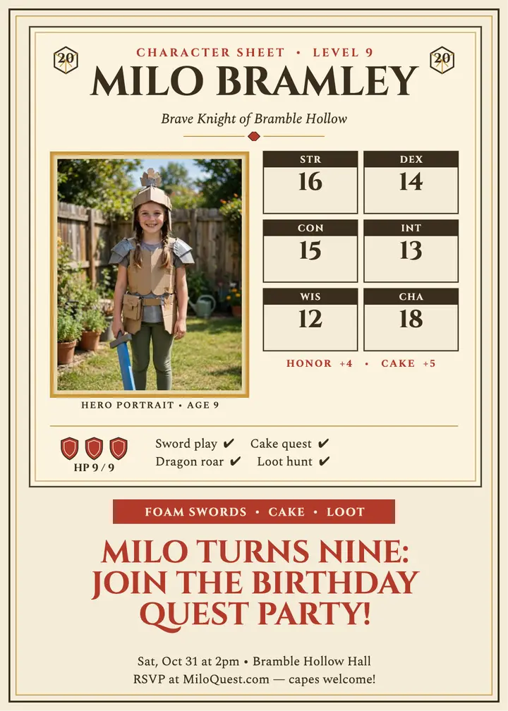 Milo quest birthday character sheet invite template