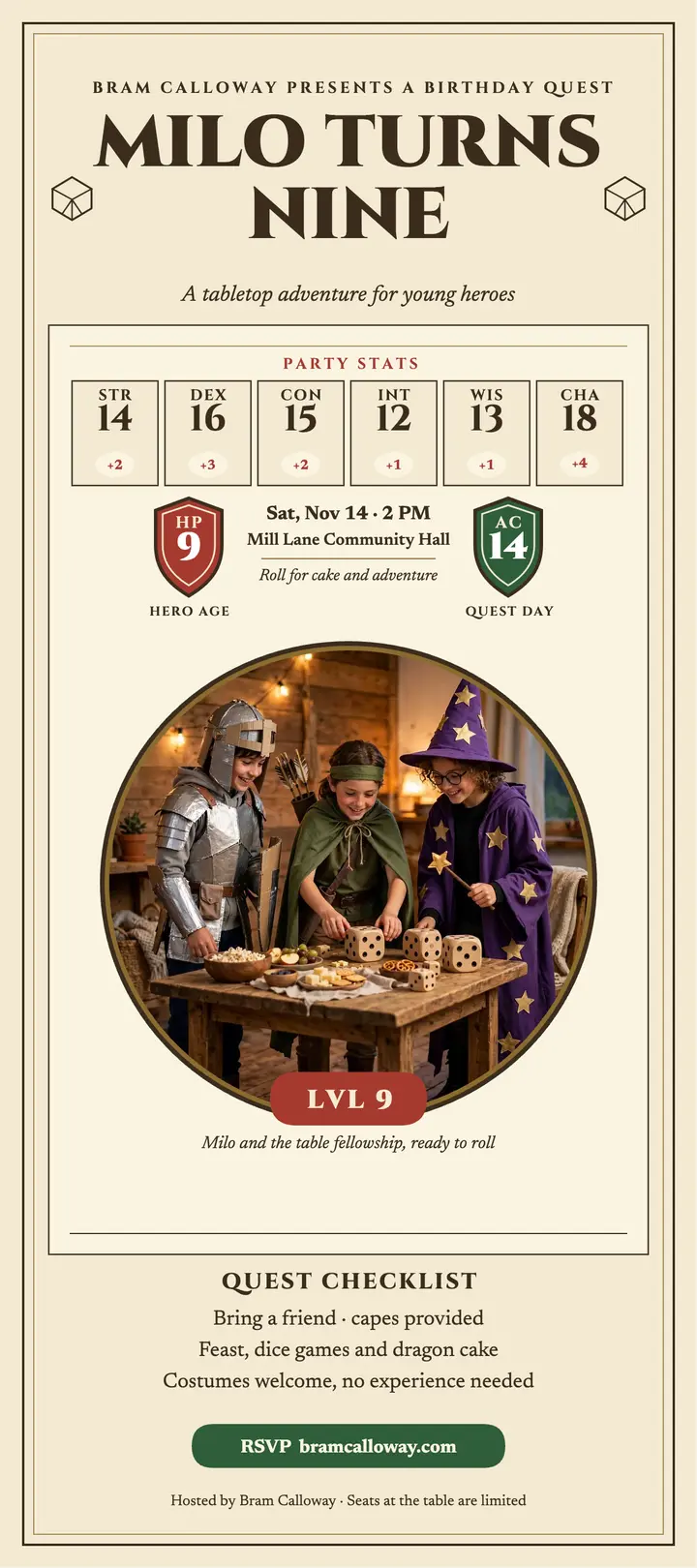Milo's quest birthday character sheet: birthday quest invite template