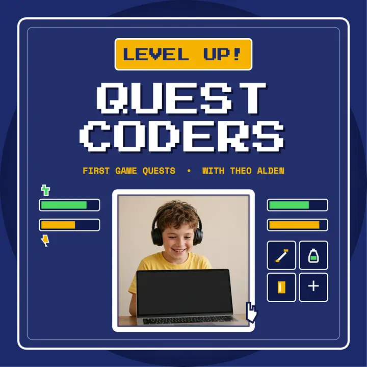 Quest Coders kids coding podcast cover: coding podcast cover template