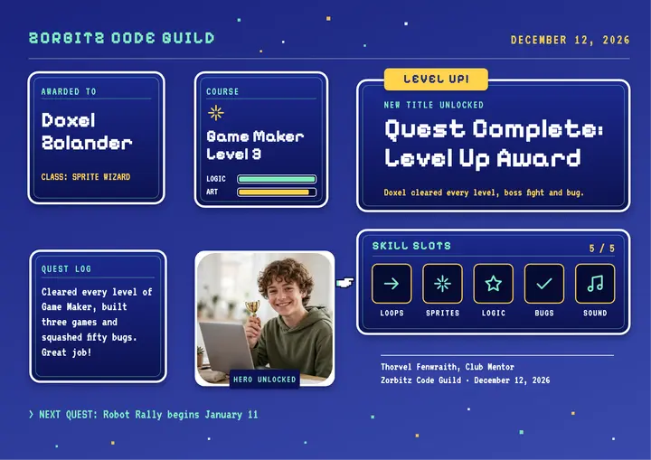 Quest Complete coding club certificate template