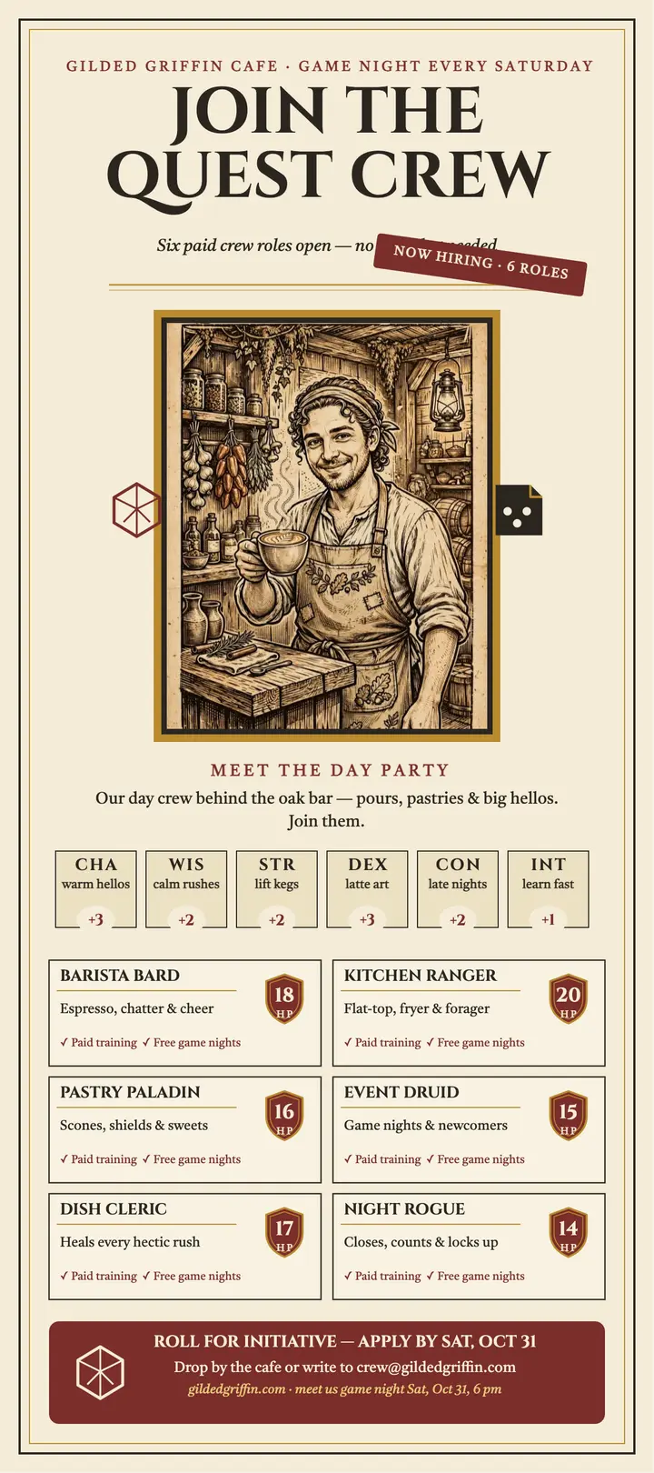 Gilded Griffin quest crew hiring card template