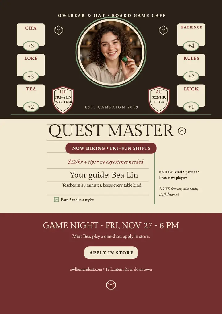 Owlbear and Oat quest master hiring flyer template