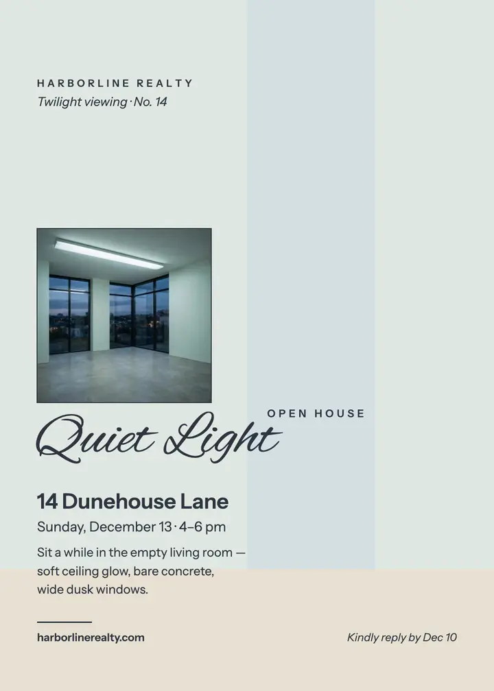 Quiet concrete home twilight invitation: open house invitation template