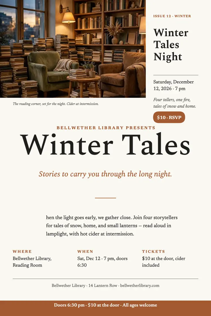 Bellwether Winter Tales Night essay poster template