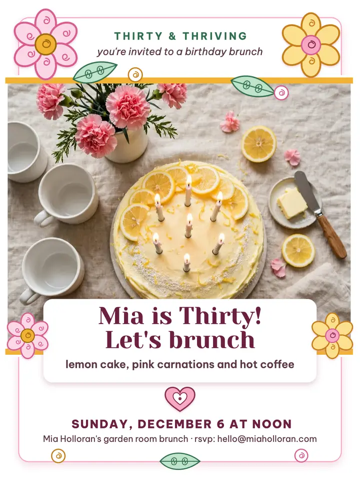 Mia Holloran thirtieth birthday brunch quilled invite template