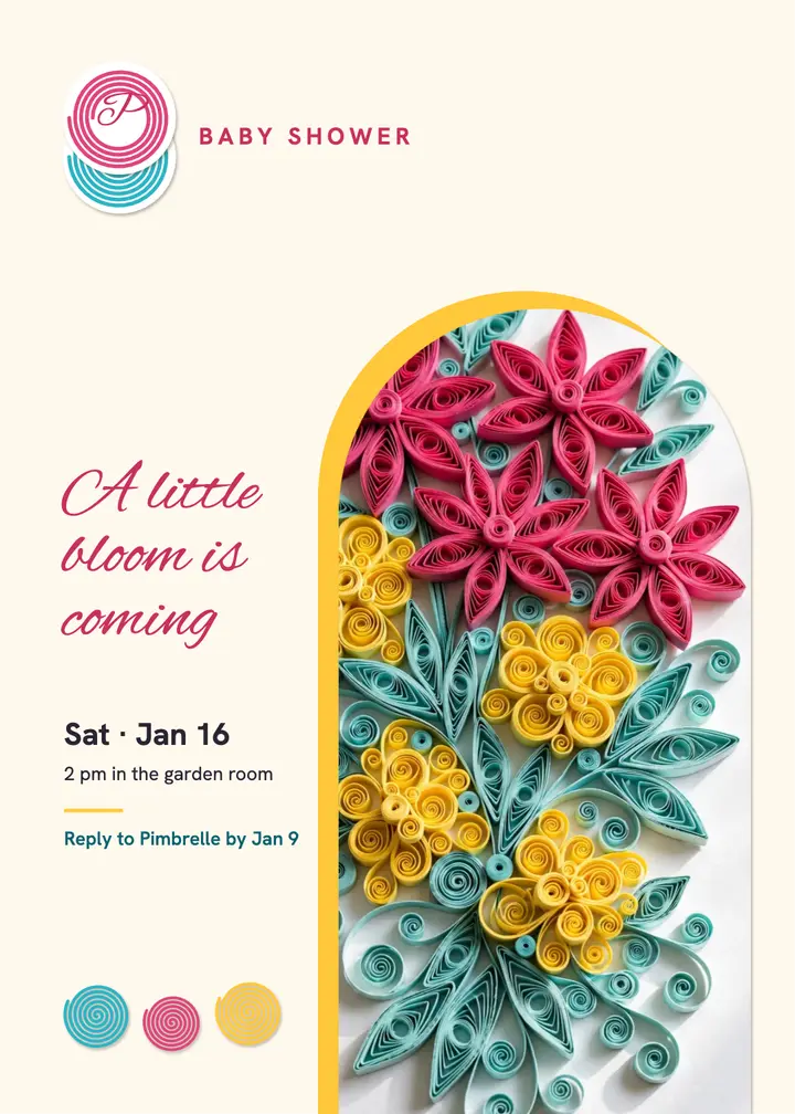 Baby shower invitation, quilled paper flowers template