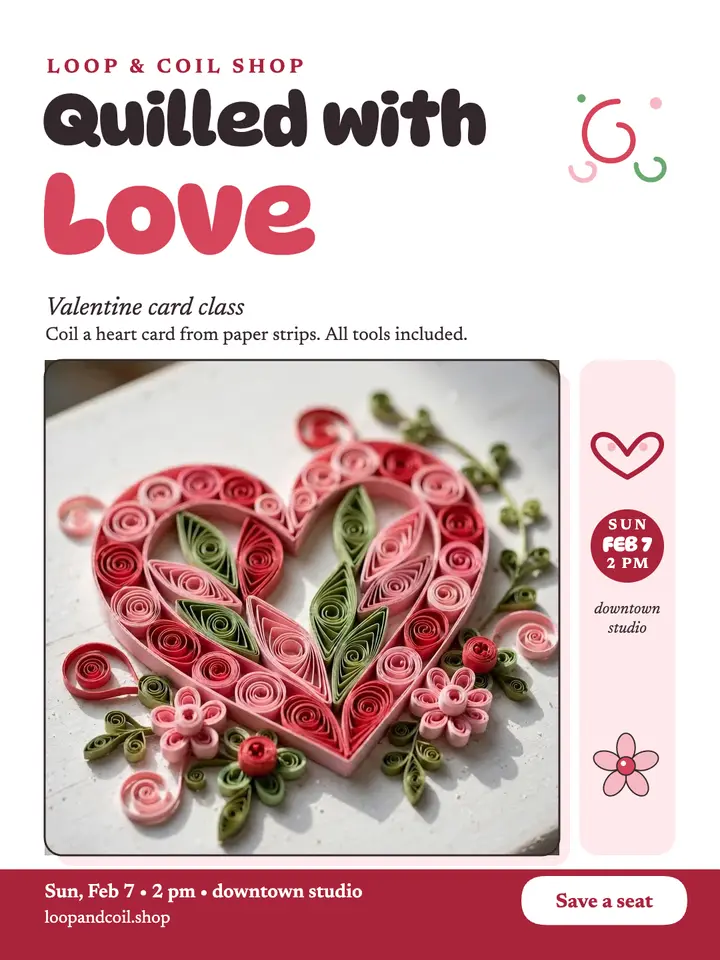 Loop and Coil quilled heart class post: quilled valentine card post template