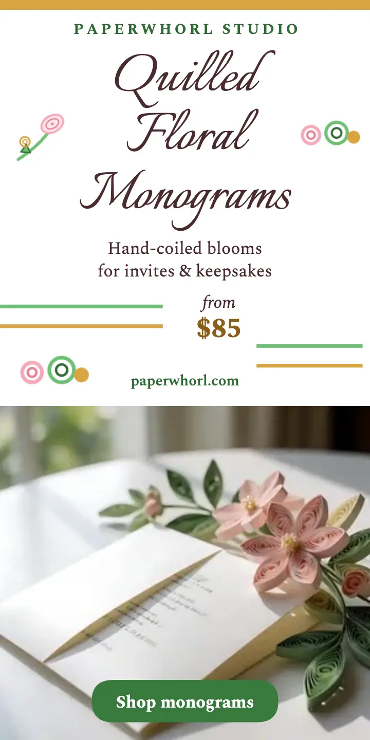 Paperwhorl quilled monogram half-page ad: quilled monogram ad template