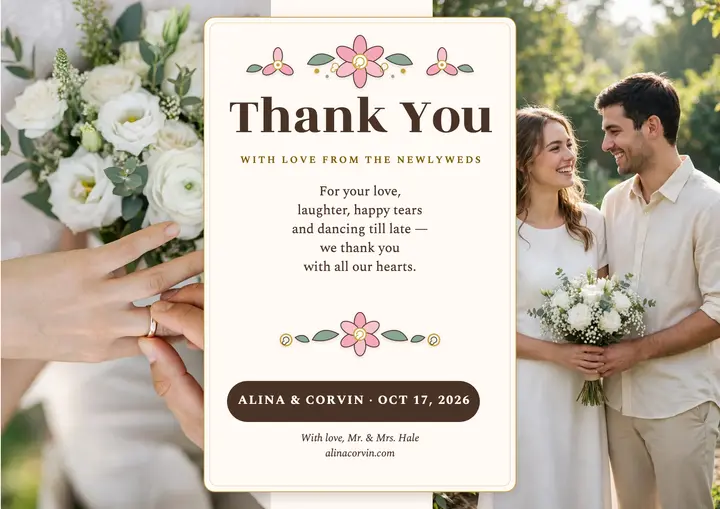Quilled thank you certificate, newlyweds template