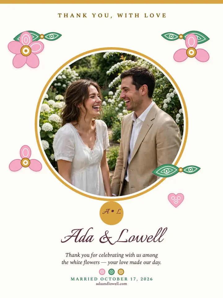 Quilled thank you portrait, Ada and Lowell template