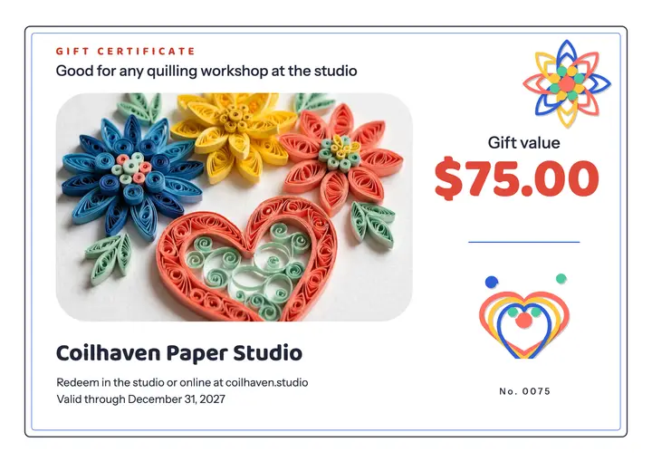Quilling workshop $75 gift certificate, paper quilling style: workshop gift certificate template