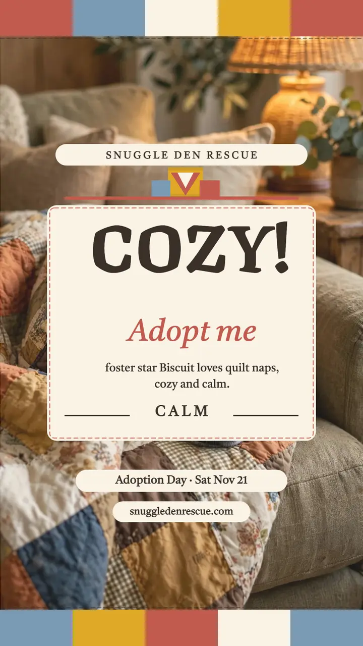 Cozy quilt senior dog adoption story: dog adoption story template