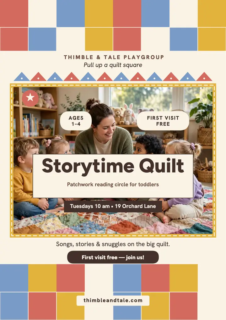 Thimble and Tale quilt storytime flyer template