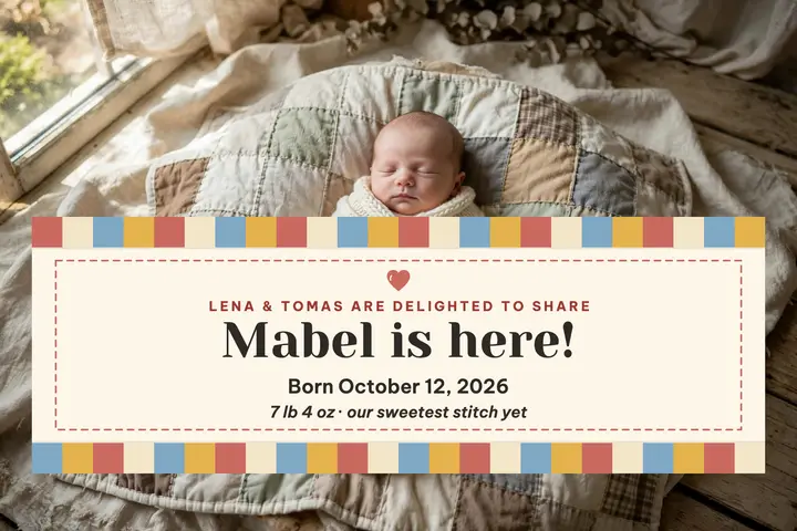 Quilted Mabel birth announcement postcard template