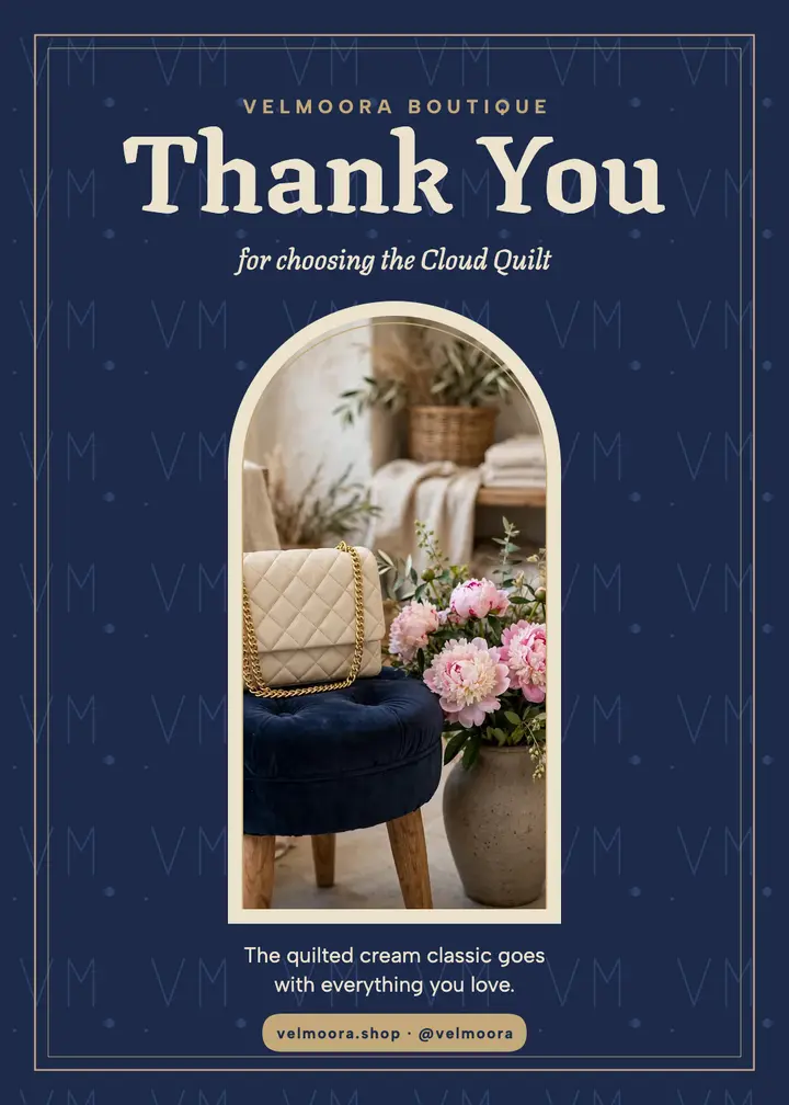Velmoora quilted bag thank you card template
