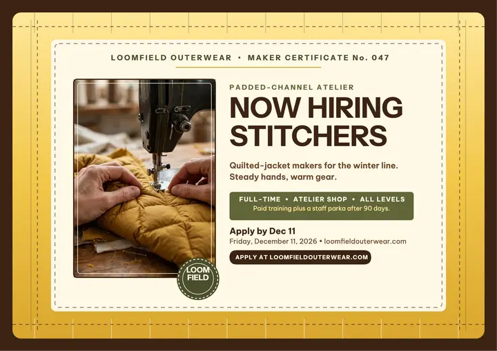 Loomfield Outerwear quilted maker hiring certificate: hiring certificate template