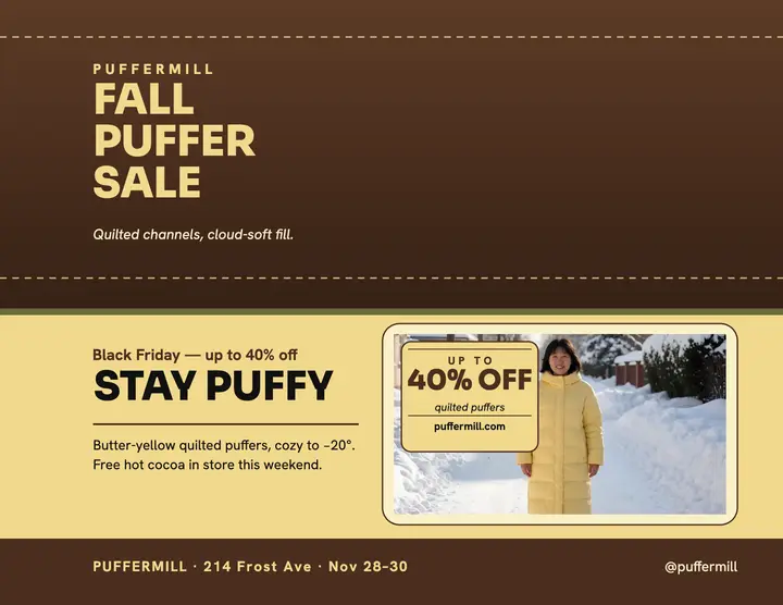 Puffermill quilted puffer fall sale flyer: puffer coat sale flyer template