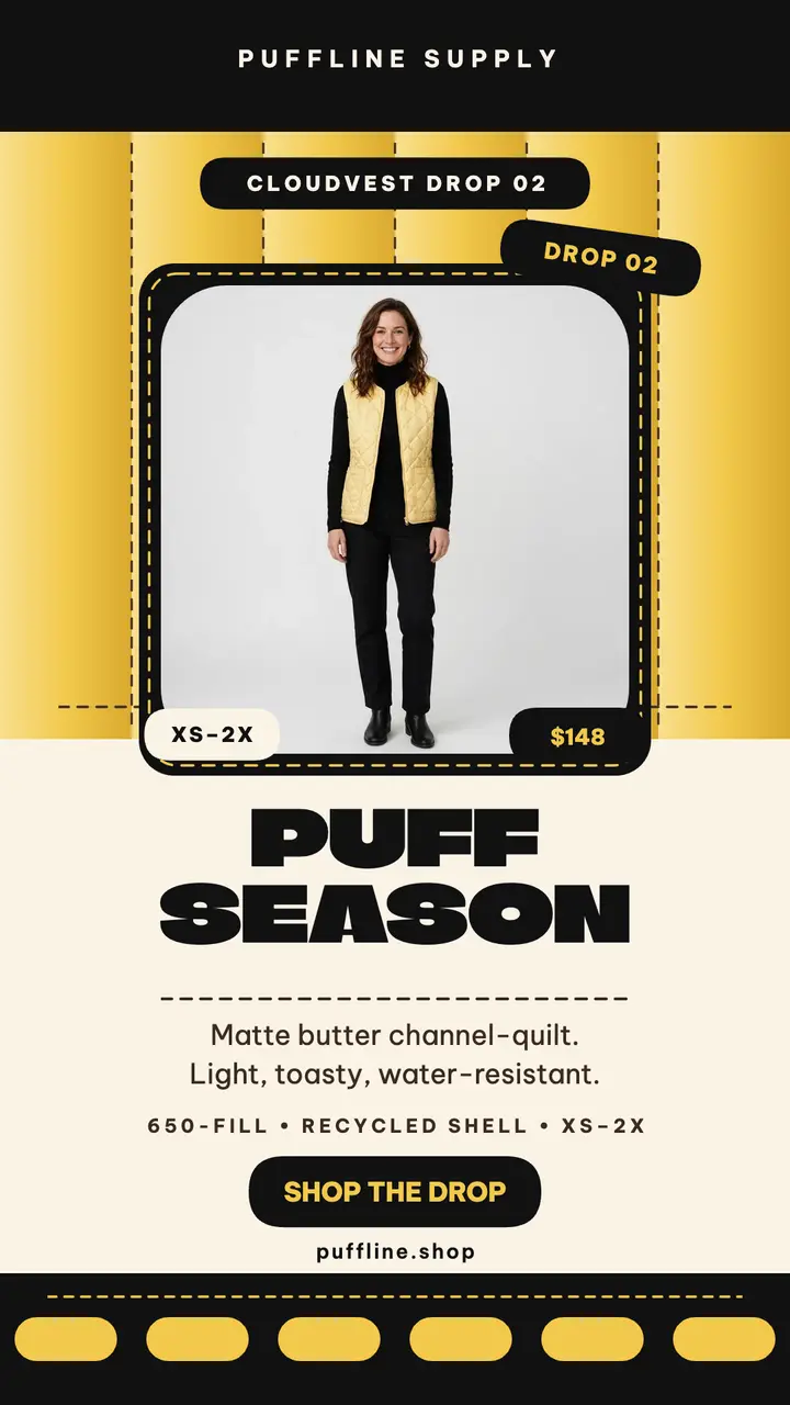 Puffline butter quilted vest drop story template