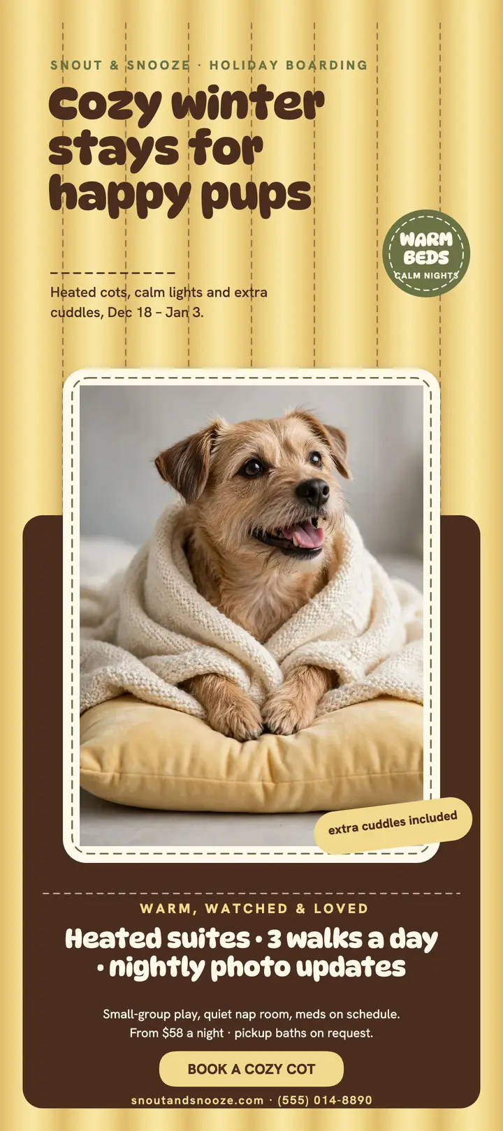 Snout and Snooze winter stay rack card: dog boarding rack card template
