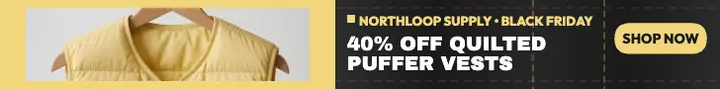 Northloop Supply puffer vest sale leaderboard: black friday vest sale ad template