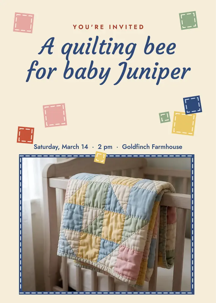 Quilting bee baby shower invitation, patchwork quilt template