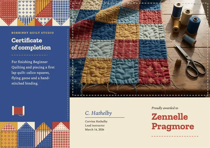 Beginner quilting course certificate, patchwork template