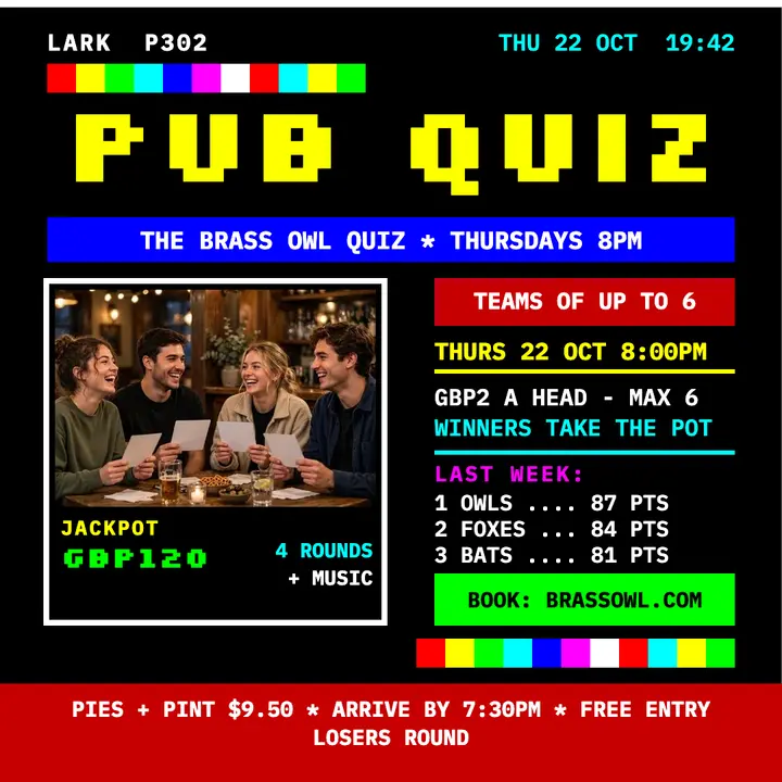 Brass Owl pub quiz teletext post template