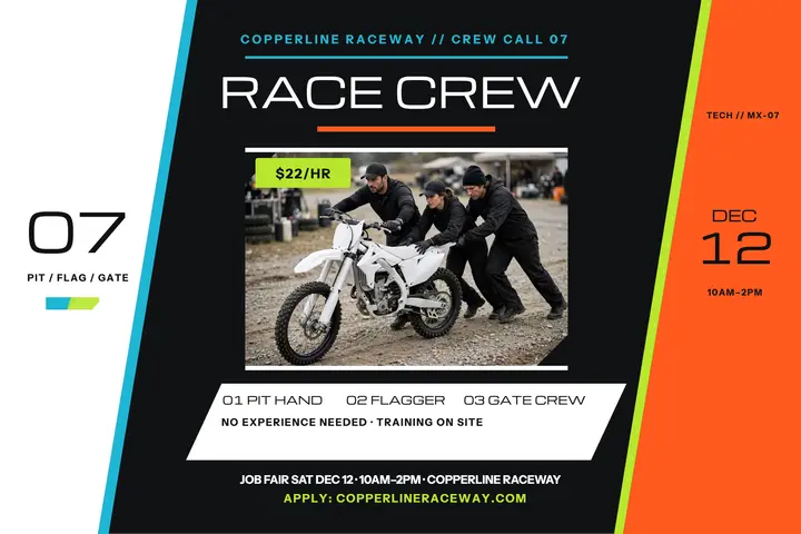 Copperline Raceway crew hiring postcard template
