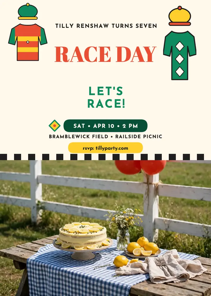 Tilly's race-day 7th birthday invitation template
