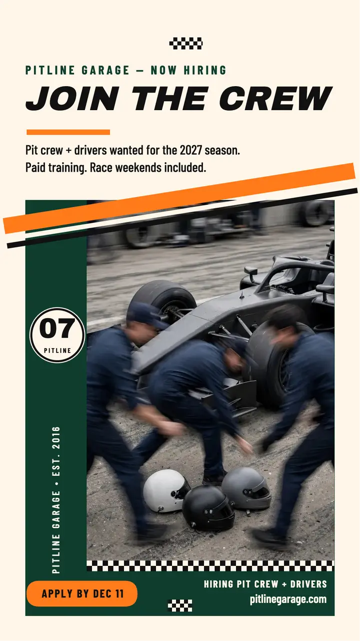 Pitline Garage pit crew hiring story: pit crew hiring story template