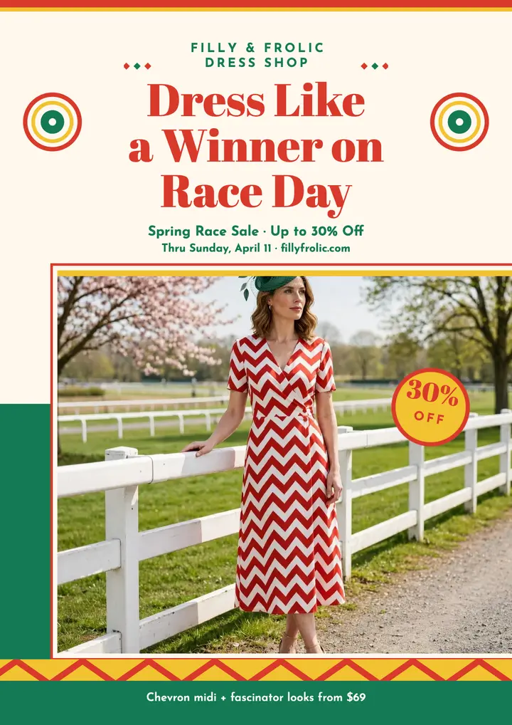 Filly and Frolic spring race dress sale flyer template
