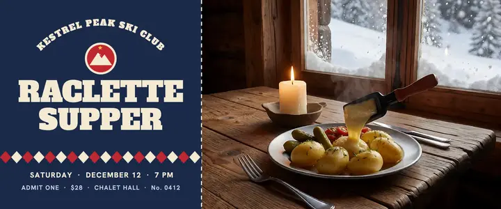 Kestrel Peak raclette supper ticket, apres-ski club: raclette supper night ticket template