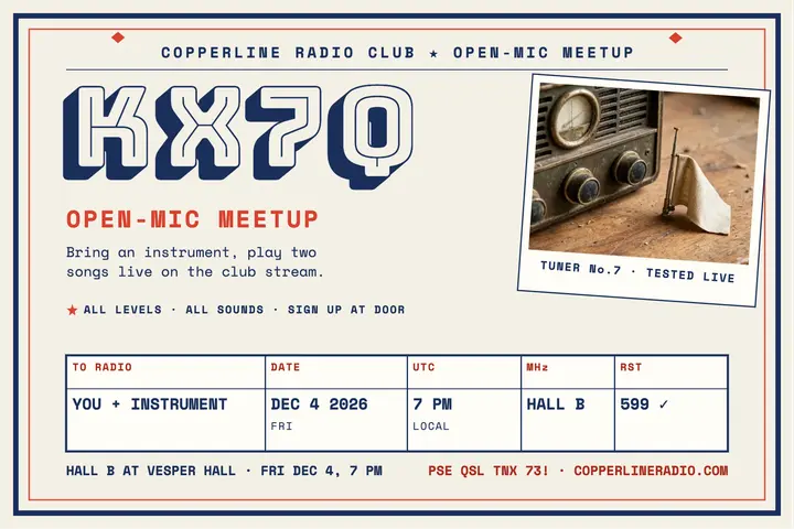 Copperline open-mic QSL meetup card template