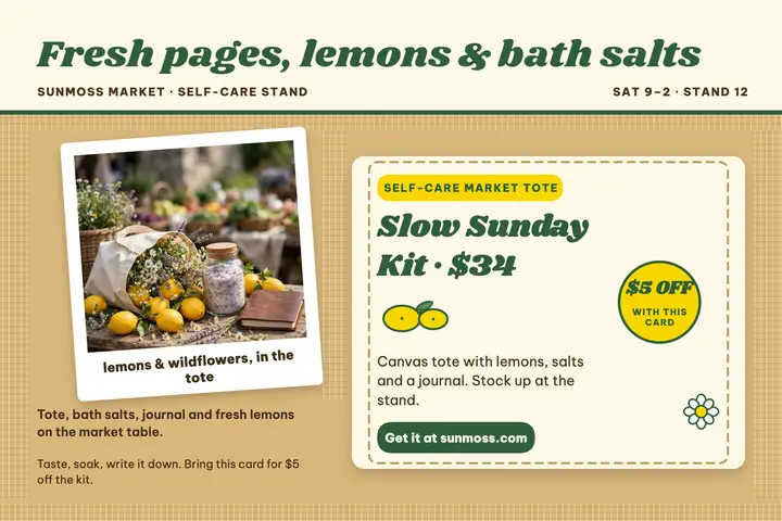 Sunmoss self-care market tote postcard: market tote postcard template