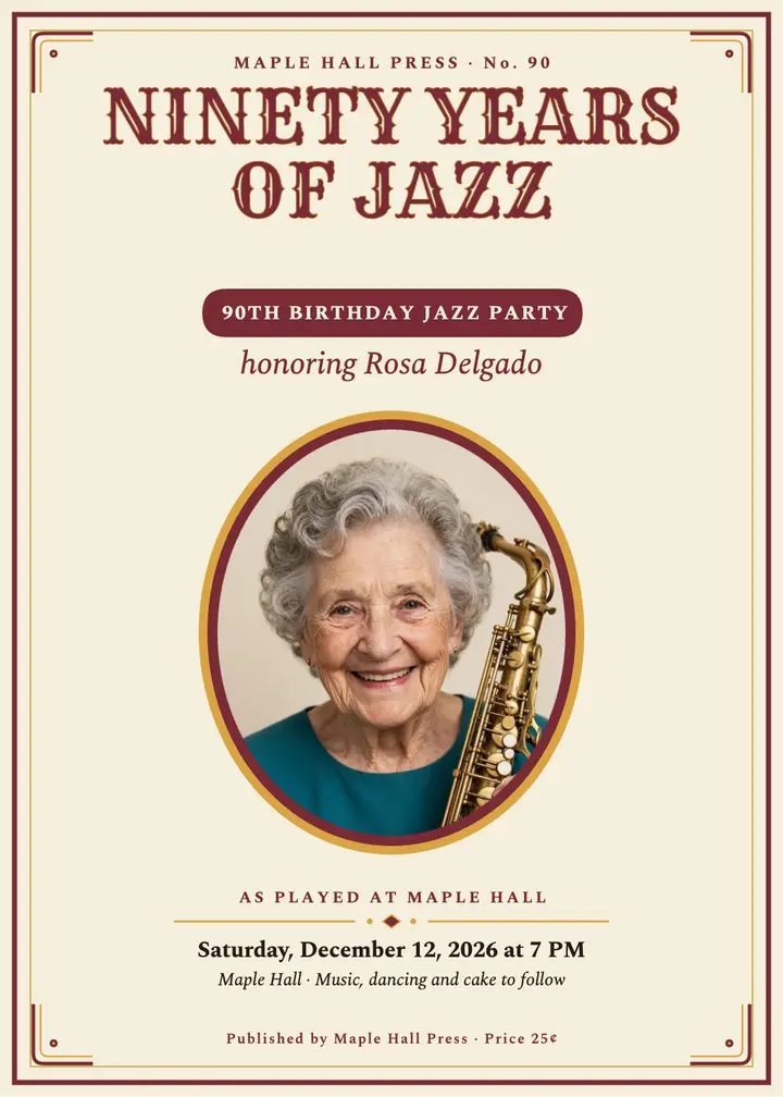Rosa 90th birthday jazz ragtime invite template