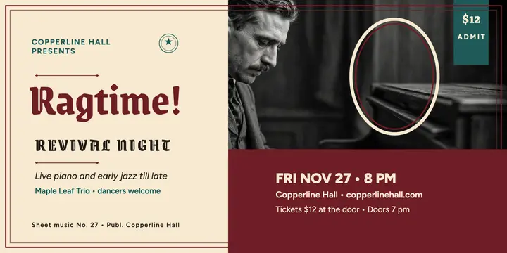 Copperline ragtime revival night post: ragtime jazz night post template