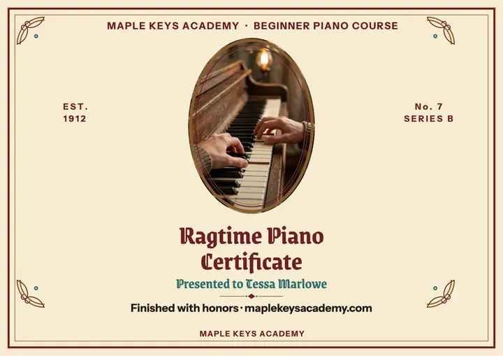 Maple Keys ragtime piano certificate template