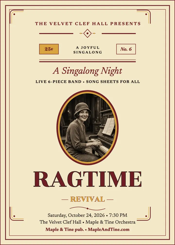 Ragtime revival night invitation, sheet music template